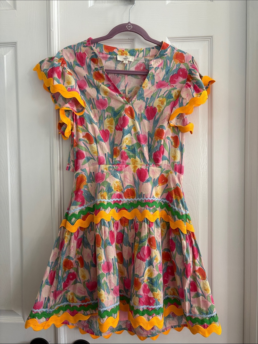entro Colorful Floral tulips Ric Rac Trim 100% cotton lined Dress Women’s medium